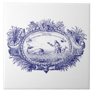 Blauw & Wit Barok Rococo Zeemeermin Vis Cartouche Tegeltje