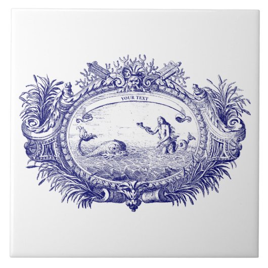 Blauw & Wit Barok Rococo Zeemeermin Vis Cartouche Tegeltje (Voorkant)