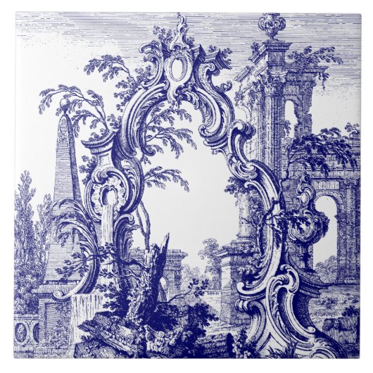 Blauw & Wit Barokke Rococo Cartouche Ruïnes Tegeltje (Voorkant)