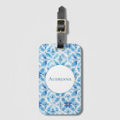 Blauw Wit Batik Bloemen Bagagelabel (Voorkant (verticaal))