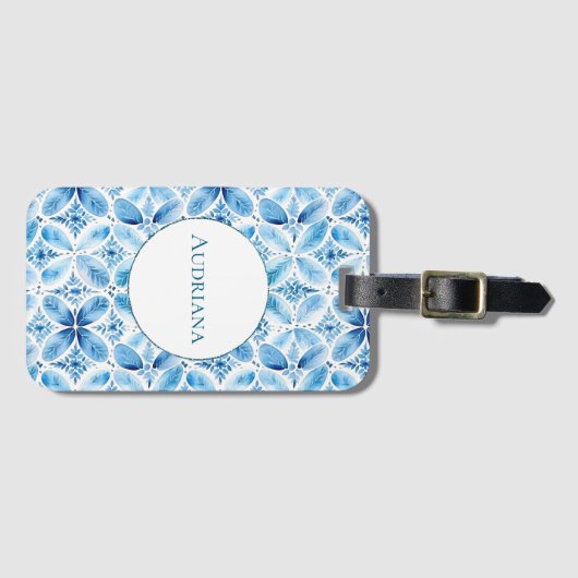 Blauw Wit Batik Bloemen Bagagelabel (Voorkant (horizontaal))