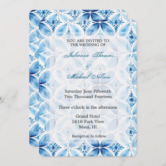 Blauw Wit Batik Bloemen Huwelijk Kaart (Voorkant / Achterkant)