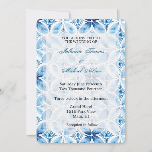 Blauw Wit Batik Bloemen Huwelijk Kaart (Voorkant)