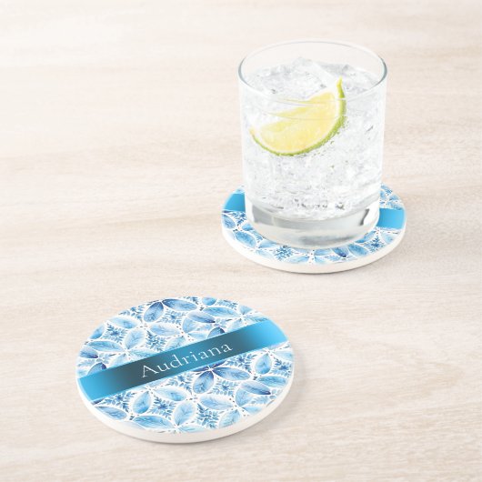 Blauw Wit Batik Bloemen Zandsteen Onderzetter (Zijkant)