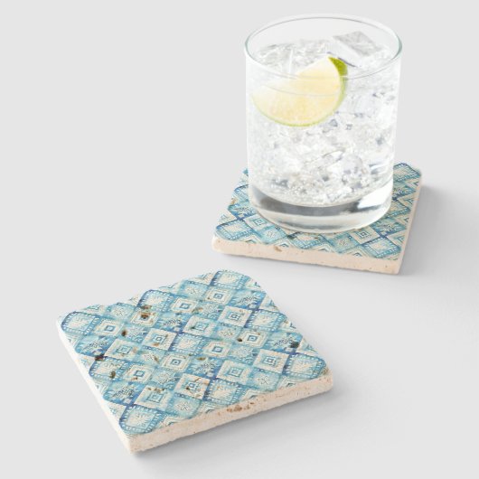 Blauw Wit Batik Squares Stenen Onderzetter (Zijkant)