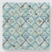 Blauw Wit Batik Squares Stenen Onderzetter (Voorkant)