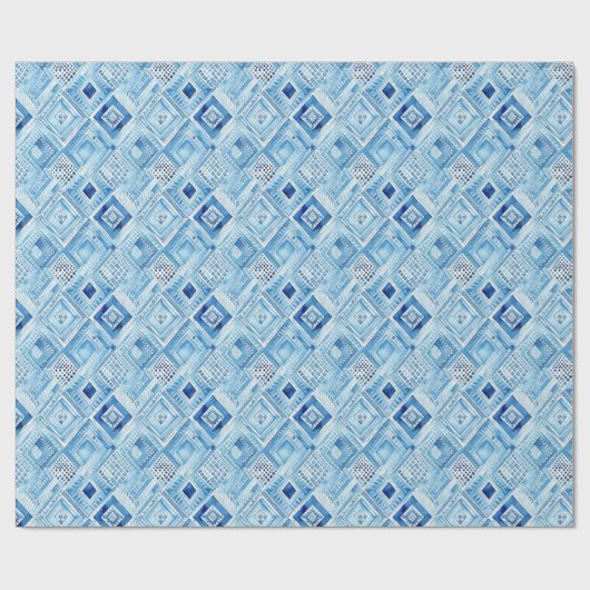 Blauw Wit Batik Vierkant Juweel Cadeaupapier (Vlak)