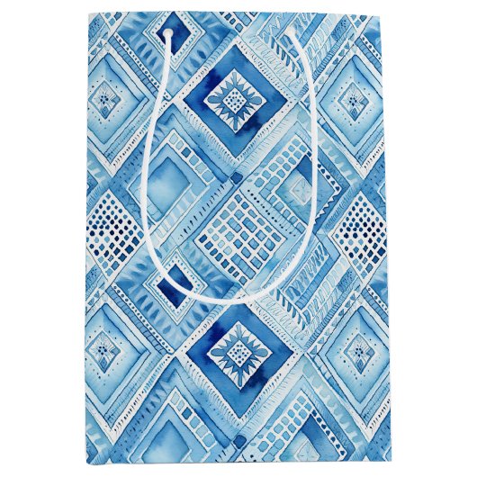 Blauw Wit Batik Vierkant Juweel Medium Cadeauzakje (Voorkant)