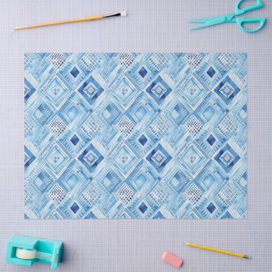 Blauw Wit Batik Vierkant Juweel Tissuepapier (Craft)