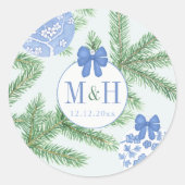 Blauw Wit Baubles Fir Tree Feestdagen Bruiloft Ronde Sticker (Voorkant)