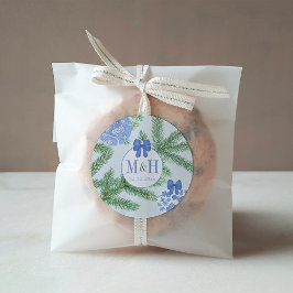 Blauw Wit Baubles Fir Tree Feestdagen Bruiloft Ronde Sticker