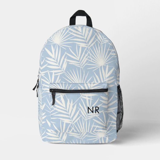 Blauw & Wit Bladpatroon Monogram Initialen Bedrukte Rugzak (Voorkant)
