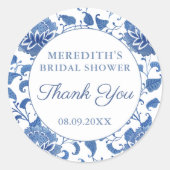 Blauw & Wit Bloem Bruiloft Bruidsshower Bedankbrie Ronde Sticker (Voorkant)