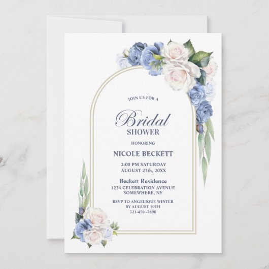 Blauw Wit Bloemboog Bruids Douche Uitnodiging (Voorkant)