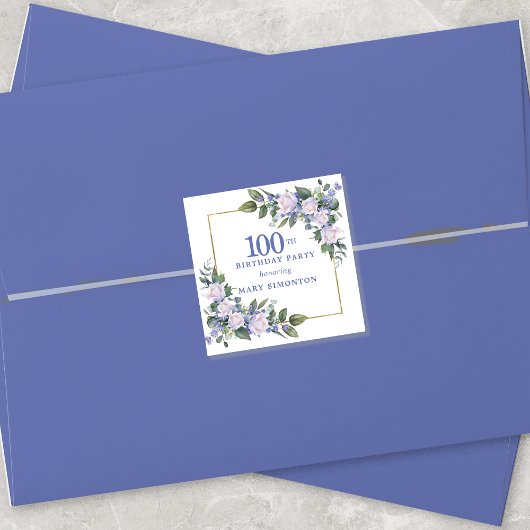 Blauw Wit Bloemen 100e Verjaardag Envelop Seal Vierkante Sticker