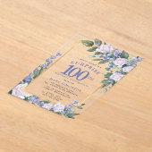 Blauw Wit Bloemen 100e Verjaardag Verrassingsfeest Acryl Uitnodigingen (Laagn)