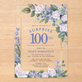 Blauw Wit Bloemen 100e Verjaardag Verrassingsfeest Acryl Uitnodigingen (Voorkant)