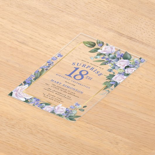 Blauw Wit Bloemen 18e Verjaardag Verrassingsfeest Acryl Uitnodigingen (Laagn)