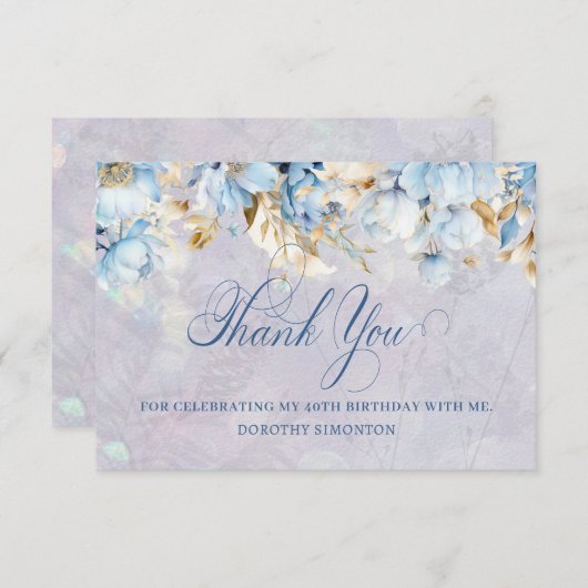 Blauw Wit Bloemen 40e Verjaardag Dank u Flat Bedankkaart (Voorkant / Achterkant)