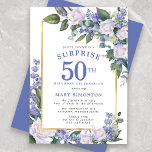 Blauw Wit Bloemen 50e Verjaardag Verrassingsfeest Kaart<br><div class="desc">Eer een speciale vrouw met deze elegante en vrouwelijke 50e verjaardag Surprise Party uitnodiging. Verrassing en 50e zijn geschreven in grote blauwe tekst. Verjaardagsviering volgt. De naam van de gehonoreerde gast is ook in blauwe hoofdletters. De verjaardagsviering details zijn omgeven door een chique gouden lijst. De bloemelementen zijn genesteld in...</div>