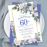 Blauw Wit Bloemen 60e Verjaardag Verrassingsfeest Kaart<br><div class="desc">Eer een speciale vrouw met deze elegante en vrouwelijke 60ste verjaardag Surprise Party uitnodiging. Verrassing en de 60e zijn geschreven in grote blauwe tekst. Verjaardagsfeest volgt. De naam van de geëerde gast is ook in blauwe hoofdletters. De verjaardagsfeestdetails zijn omgeven door een chique gouden lijst. De bloemenelementen zijn genesteld in...</div>