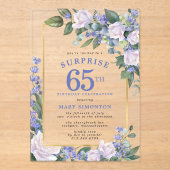 Blauw Wit Bloemen 65ste Verjaardag Surprise Party Acryl Uitnodigingen (Voorkant)