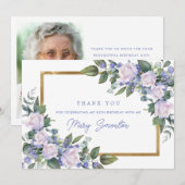 Blauw Wit Bloemen 95e Verjaardag Foto Flat Bedankkaart (Voorkant / Achterkant)