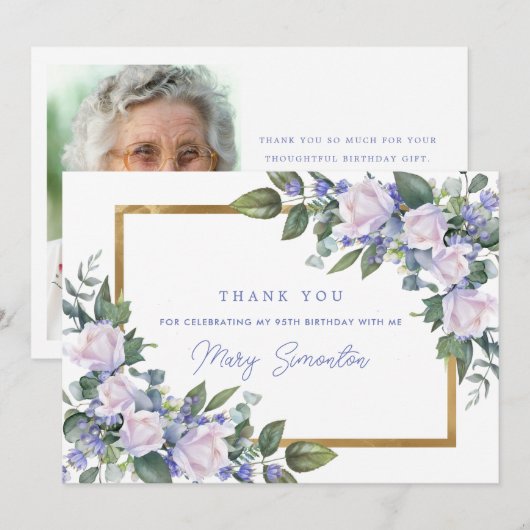 Blauw Wit Bloemen 95e Verjaardag Foto Flat Bedankkaart (Voorkant / Achterkant)