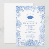 Blauw Wit Bloemen Afstudeerfeest Kaart (Voorkant / Achterkant)