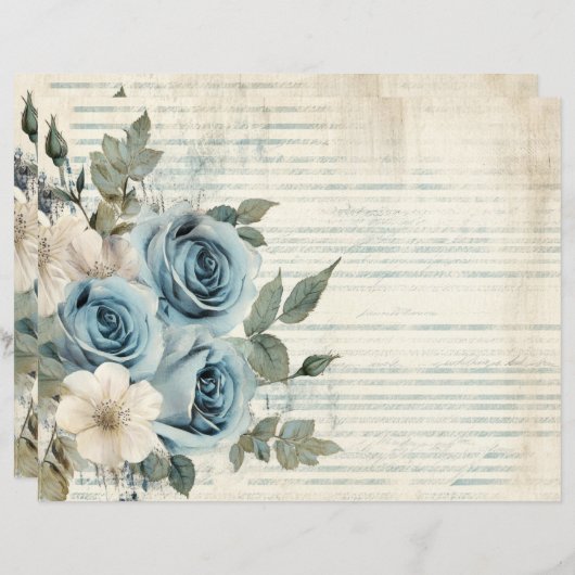 Blauw Wit Bloemen Antiek Papieren Blad (Voorkant / Achterkant)