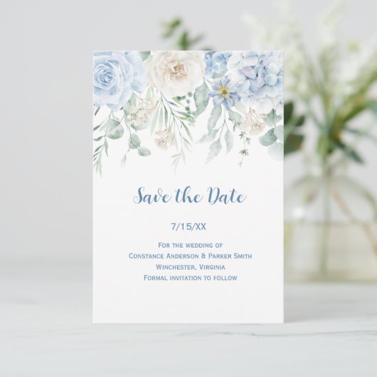  Blauw & Wit Bloemen Bewaar de Datum Save The Date (Staand voorkant)