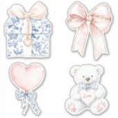  Blauw Wit Bloemen Blush Heart Bow Beer Sticker (Voorkant)