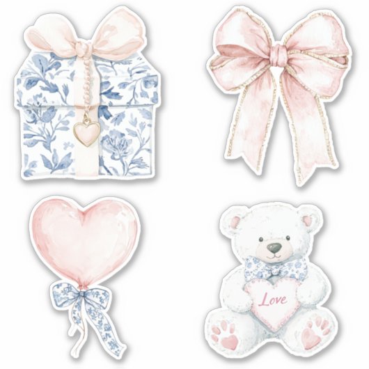 Blauw Wit Bloemen Blush Heart Bow Beer Sticker (Voorkant)
