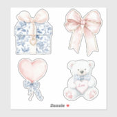 Blauw Wit Bloemen Blush Heart Bow Beer Sticker (Vel)