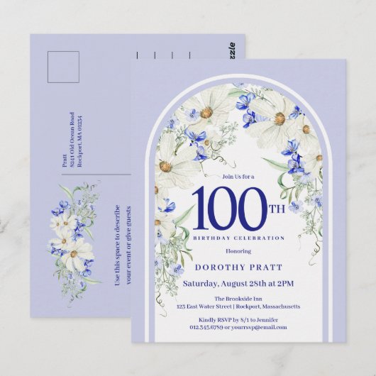 Blauw Wit Bloemen Boho Arch 100e Verjaardagsfeest Briefkaart (Voorkant / Achterkant)