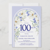Blauw Wit Bloemen Boho Arch 100e Verjaardagsfeest Kaart (Voorkant)