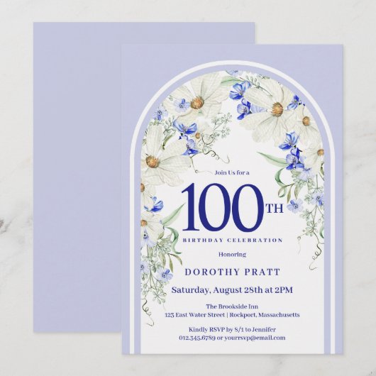 Blauw Wit Bloemen Boho Arch 100e Verjaardagsfeest Kaart (Voorkant / Achterkant)
