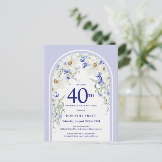 Blauw Wit Bloemen Boho Arch 40e Verjaardagsfeest Briefkaart (Staand voorkant)