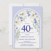Blauw Wit Bloemen Boho Arch 40e Verjaardagsfeest Kaart (Voorkant)