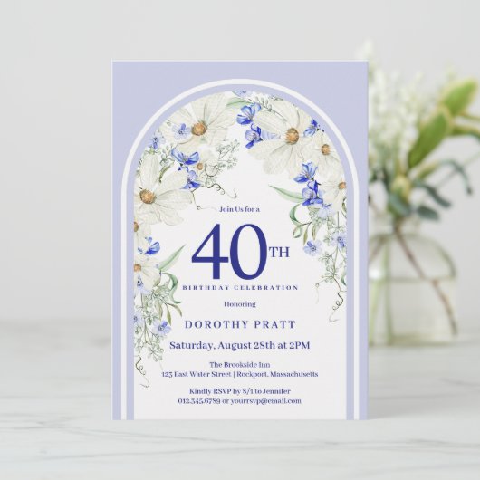 Blauw Wit Bloemen Boho Arch 40e Verjaardagsfeest Kaart (Staand voorkant)