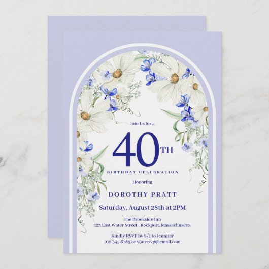 Blauw Wit Bloemen Boho Arch 40e Verjaardagsfeest Kaart (Voorkant / Achterkant)