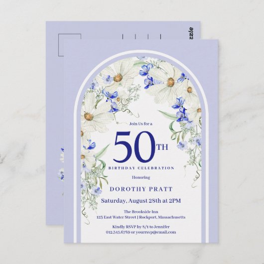 Blauw Wit Bloemen Boho Arch 50e Verjaardagsfeest Briefkaart (Voorkant / Achterkant)