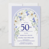 Blauw Wit Bloemen Boho Arch 50e Verjaardagsfeest Kaart (Voorkant)