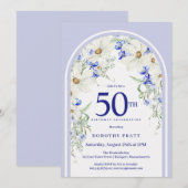 Blauw Wit Bloemen Boho Arch 50e Verjaardagsfeest Kaart (Voorkant / Achterkant)