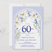 Blauw Wit Bloemen Boho Arch 60e Verjaardagsfeest Kaart (Voorkant)
