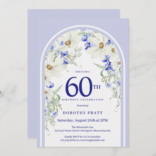 Blauw Wit Bloemen Boho Arch 60e Verjaardagsfeest Kaart (Voorkant / Achterkant)