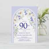 Blauw Wit Bloemen Boho Arch 90e Verjaardagsfeest Kaart (Staand voorkant)
