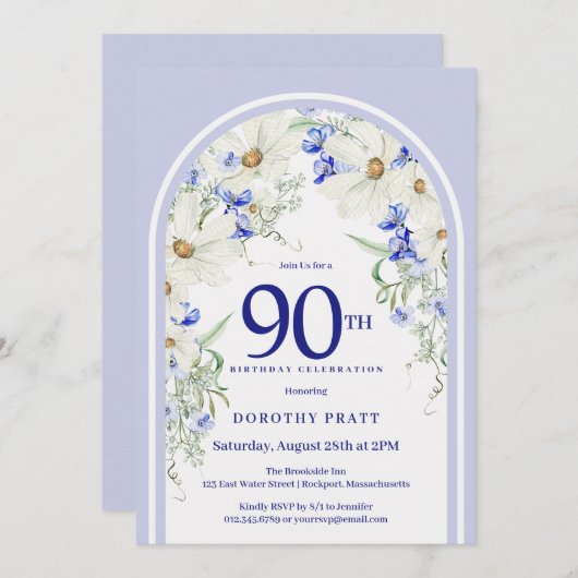 Blauw Wit Bloemen Boho Arch 90e Verjaardagsfeest Kaart (Voorkant / Achterkant)