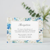 Blauw Wit Bloemen Border Bruiloft Receptie Details Informatiekaartje (Staand voorkant)
