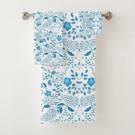 Blauw Wit Bloemen Borduurstijl Patroon Bad Handdoek (Insitu)